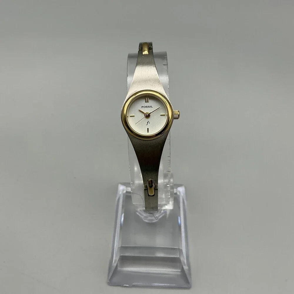 Fossil F2 Womens Watch 17mm Silver Two Tone Bangle ES-9069 New Battery 6.75